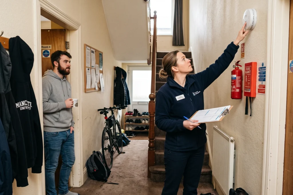 Property manager conducting an HMO safety check in a South Manchester student home, student letting agents, landlord property management, property management service