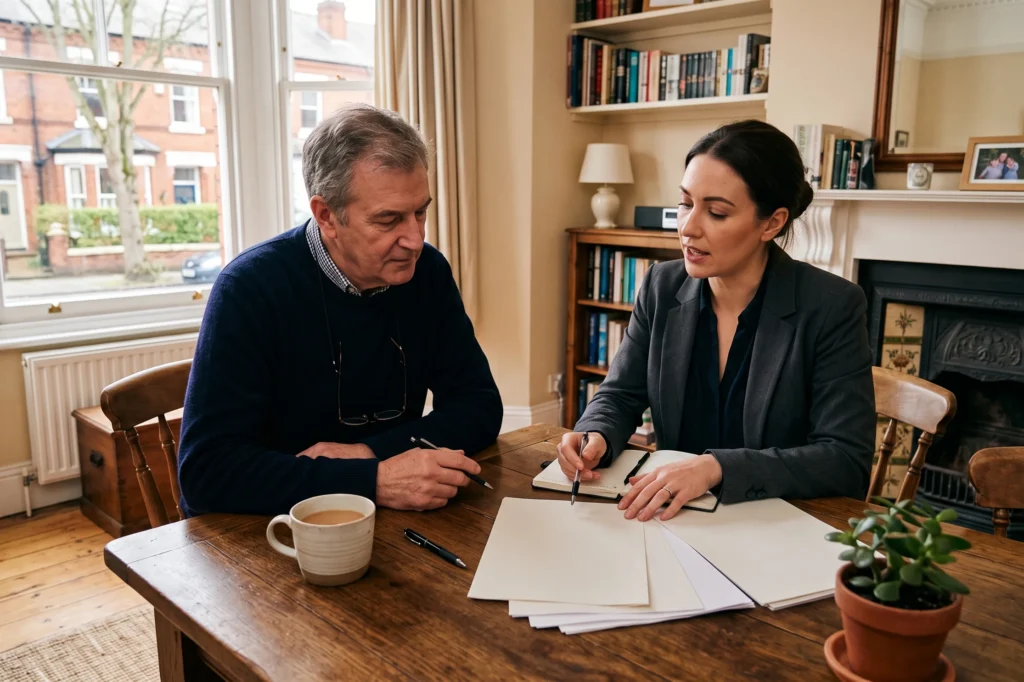 Letting agent reviewing a residential tenancy agreement with a landlord, tenant find and management services for landlords, landlords in Manchester, tenant find only vs full property management