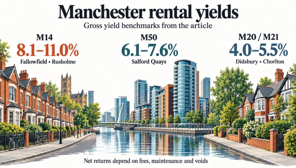 rental yield Manchester, buy to let returns Manchester, high yield postcodes M14 M20, Manchester HMO licensing, Salford Quays apartments, South Manchester property, Manchester landlord compliance