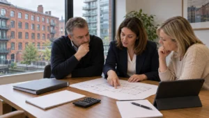 Resident management company directors reviewing building compliance paperwork at a Manchester apartment block, block management companies Manchester, best block managers Manchester, Manchester leasehold management