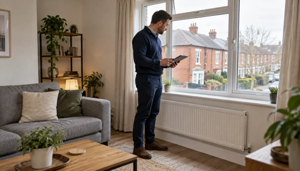 A letting agent reviewing tenancy compliance paperwork at a Manchester office desk, letting management, full management letting service, letting management from tenant find through renewals for Manchester landlords