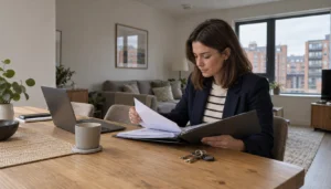 Property manager checking compliance paperwork for a holiday rental property, short term let licence, short term lets register, England short term let registration 2027