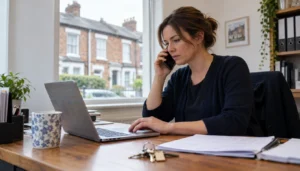 Professional property manager reviewing a rent collection ledger in an office, tenant management companies, rent collection solutions, arrears prevention systems